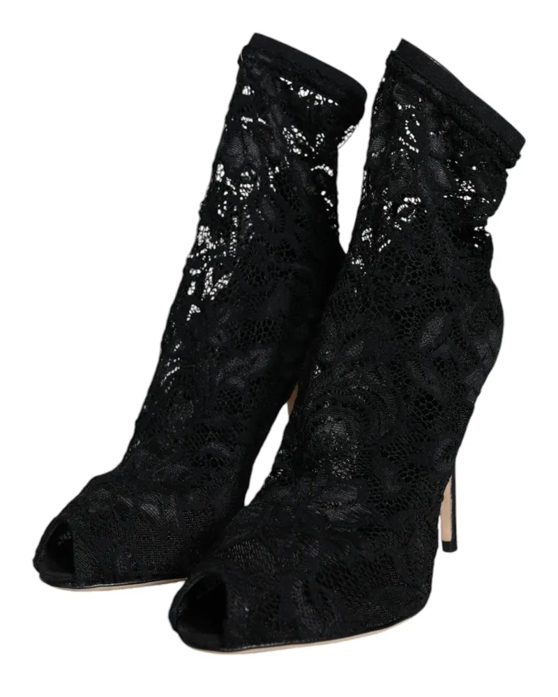 Dolce & Gabbana Women's Black Lace Stretch Heels Mid Calf Boot Shoes Nylon Elastane Viscose Black
