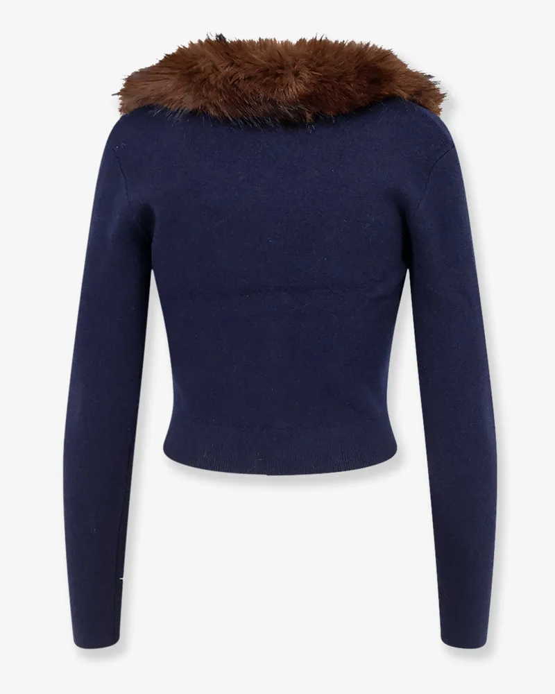 Self-Portrait Women's Cardigan With Faux Fur Trim Blue Wool Sweater Navy