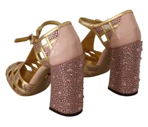 Women's Pink Gold Leather Crystal Pumps T-Strap Shoes Silk