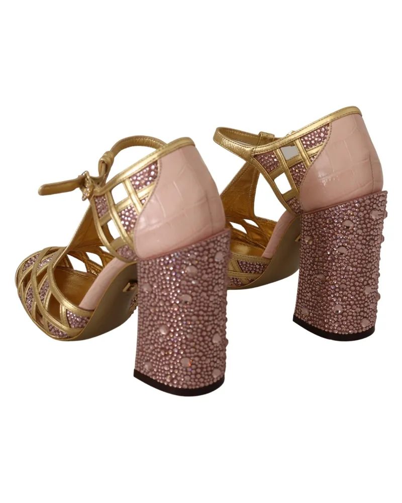 Dolce & Gabbana Women's Pink Gold Leather Crystal Pumps T-Strap Shoes Silk Gold