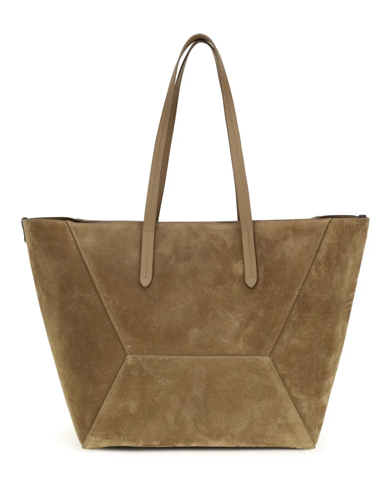 Brunello Cucinelli Women's Suede Tote Bag Bc Sesame Calf Leather Shoulder Beige