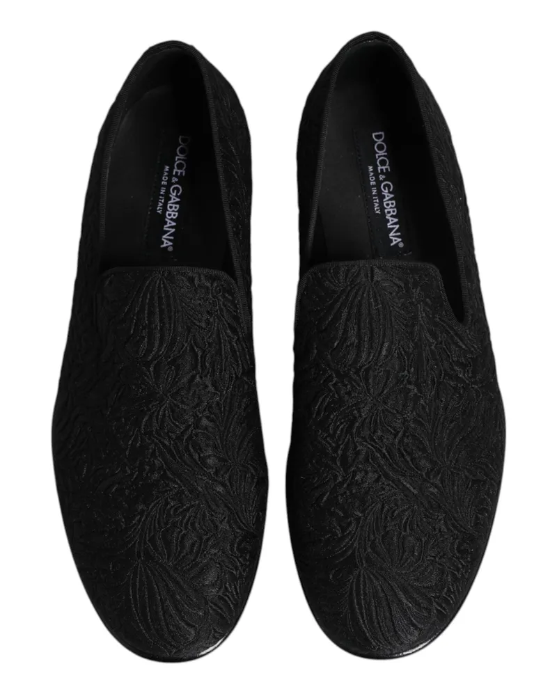 Dolce & Gabbana Men's Black Jacquard Slip On Loafers Formal Shoes Velvet Leather Black