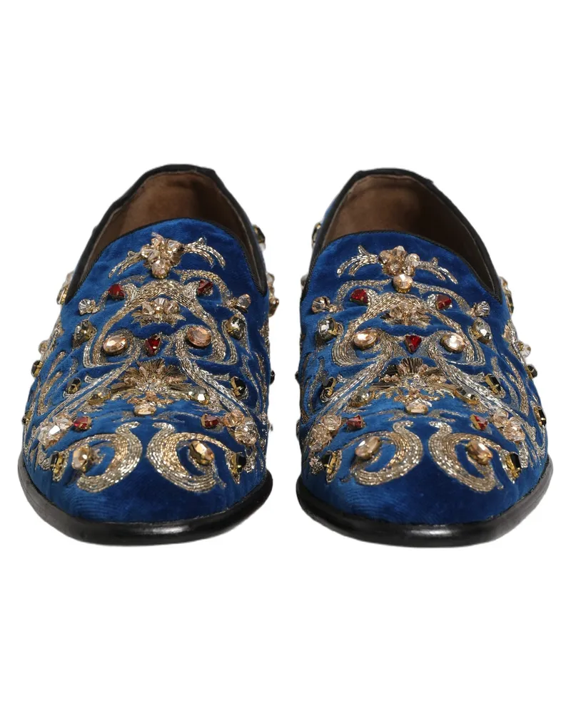 Dolce & Gabbana Men's Blue Velvet Embellished Dress Loafers Shoes Leather Blue
