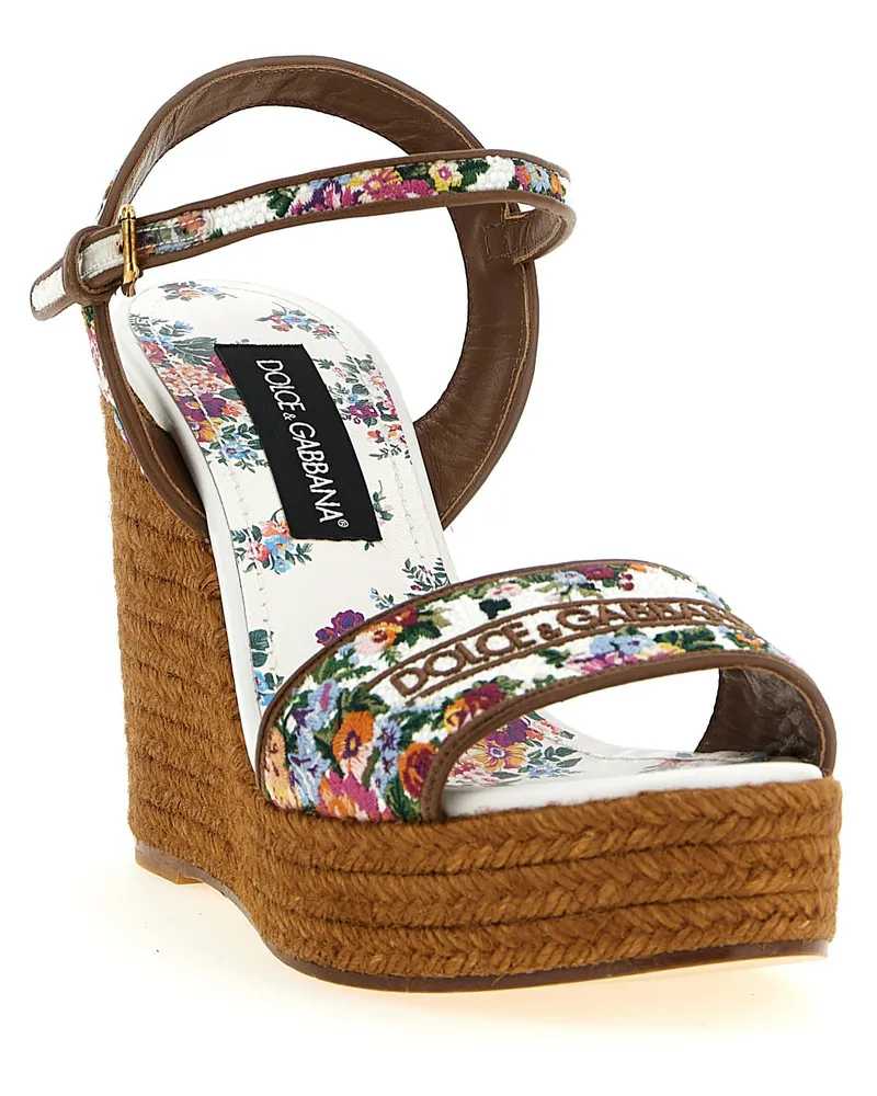 Dolce & Gabbana Floral-Embroidered Leather Wedge Sandal — Brown Brown