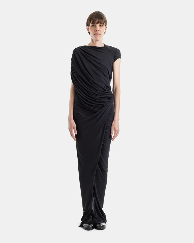 Rick Owens Women's Ares Long Dress Black Asymmetrical Diagonal Draped Stretch Jersey Beige Black