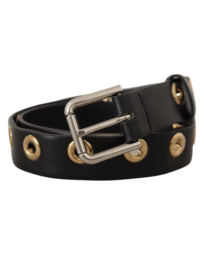 Dolce & Gabbana Leather Eyelet with Silver-Tone Buckle Belt — Black Black