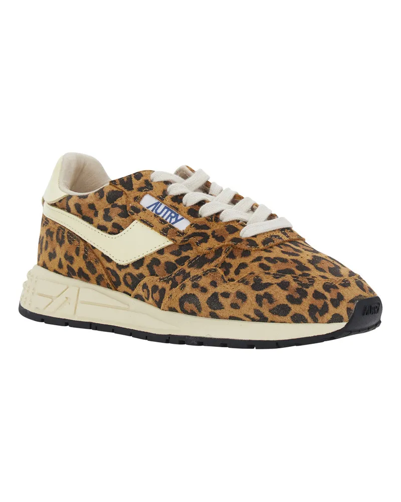 AUTRY Women's Leather-Trim Sneakers With Brown Animalier Print Trainers Brown