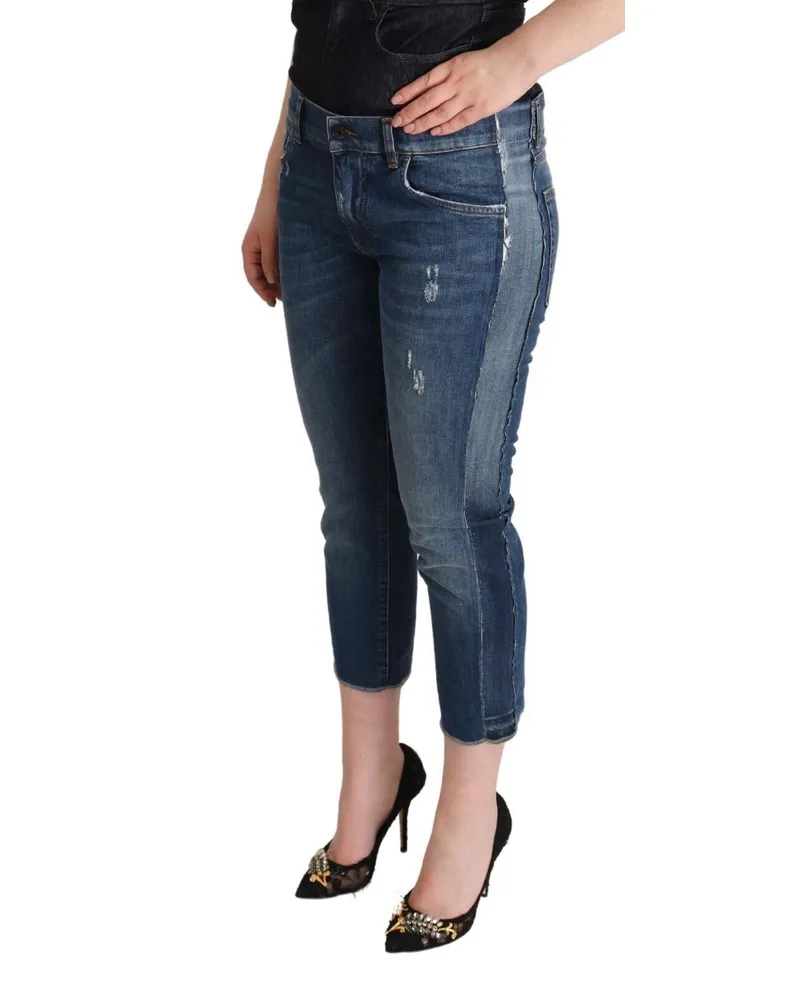 Dolce & Gabbana Women Blue Washed Mid Waist Denim Logo Cropped Jeans Cotton Clothing Blue