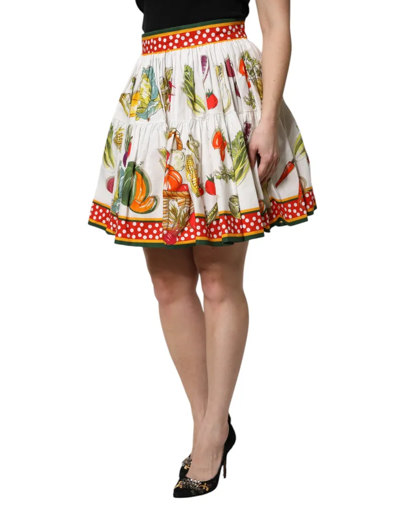 Dolce & Gabbana Women's Multicolor Vegetable Print Short Poplin Mini Skirt Cotton White