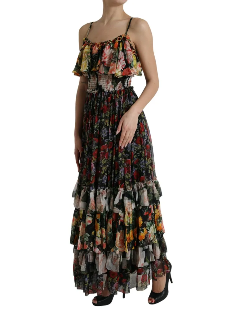Dolce & Gabbana Women Multicolor Floral Chiffon Tiered Maxi Dress Silk Multicolor