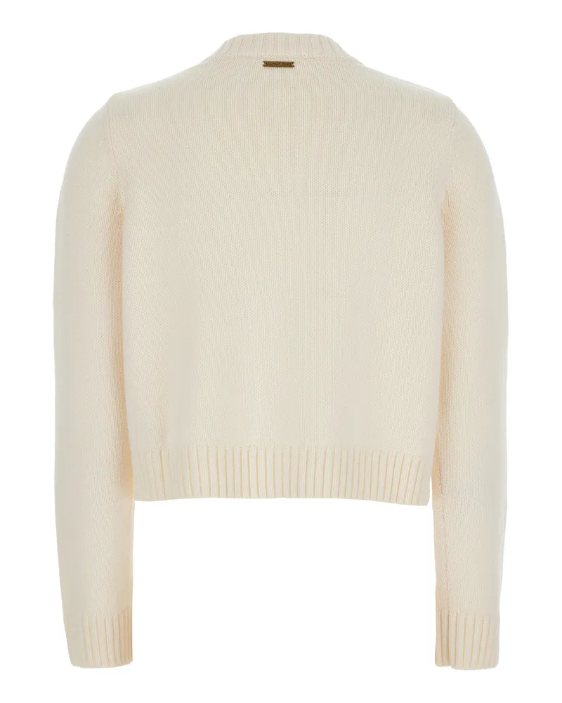 Michael Kors Women's White Wool Crewneck Cardigan With Ribbed Trims Merino Tops Top White