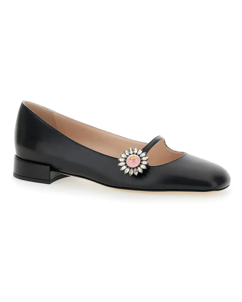 Valentino Garavani Women's Black Ballet Shoes With Floral Detail Goat Leather Ballerina Black