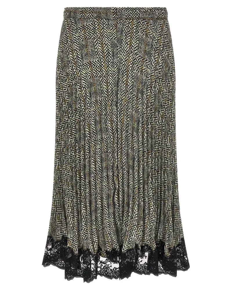 Ermanno Scervino Pleated Herringbone with Lace Hem Skirt — Black Black