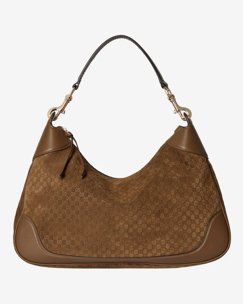 Gucci GG Monogram Embossed Suede Shoulder Bag — Brown Brown
