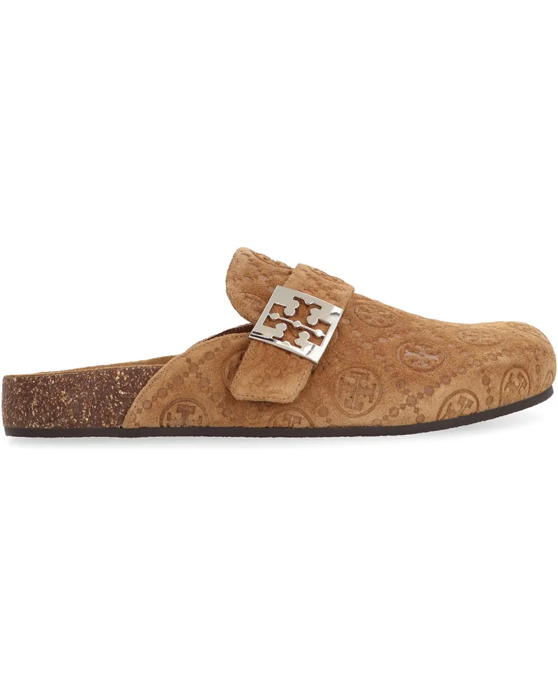 Tory Burch Women's Mules Suede Golden Brown Chamois Slippers Flat Shoes Brown