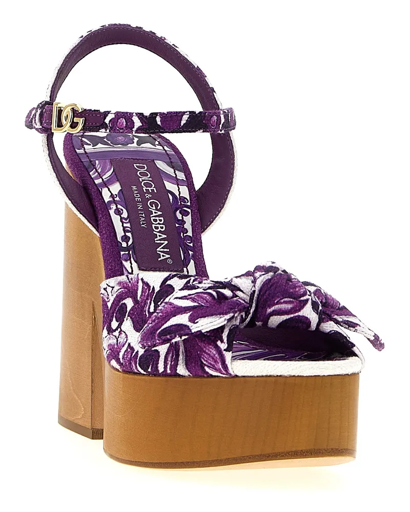 Dolce & Gabbana Women's Maiolica Print Cotton Platform Sandal Purple Viscose Linen Heels Purple