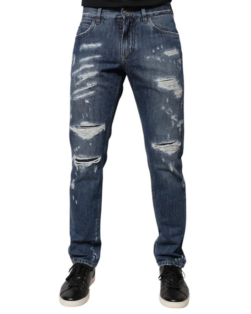 Dolce & Gabbana Men Blue Cotton Tattered Skinny Denim Jeans Clothing Blue