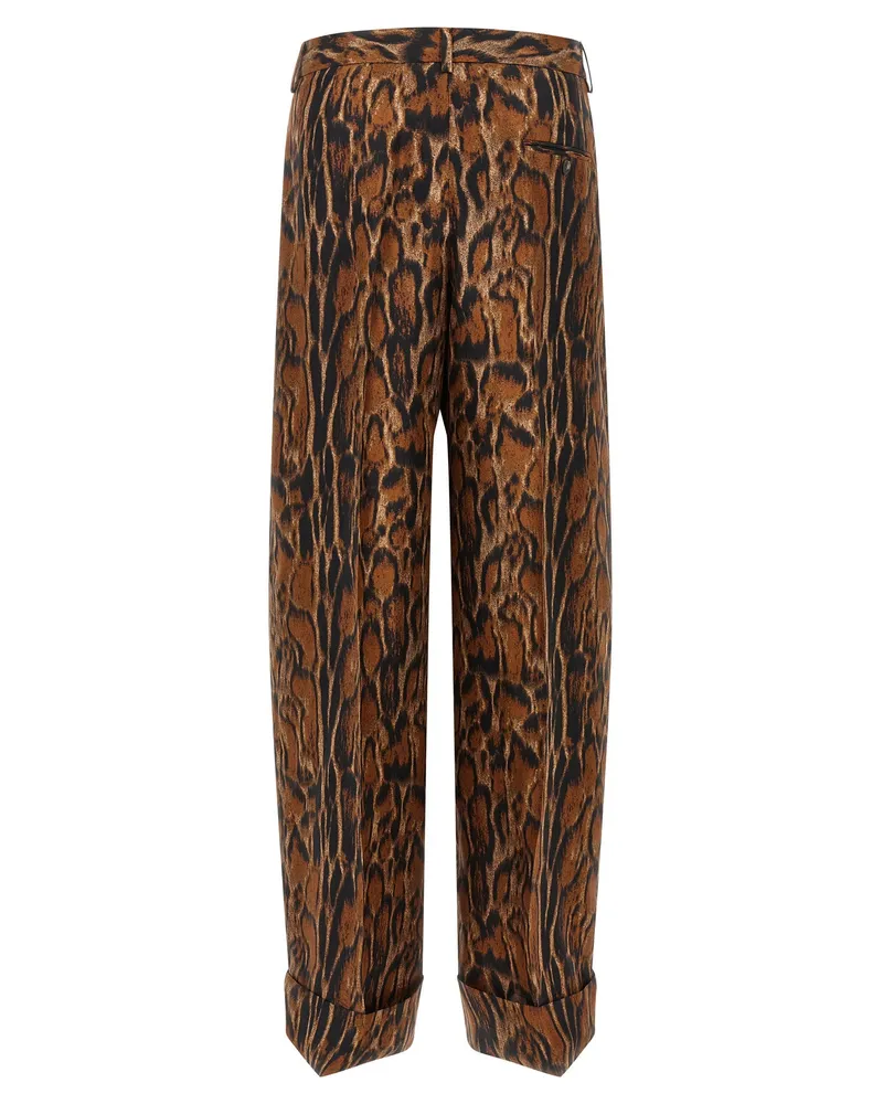 Alberto Biani Lynx Print Silk Trousers — Brown Brown