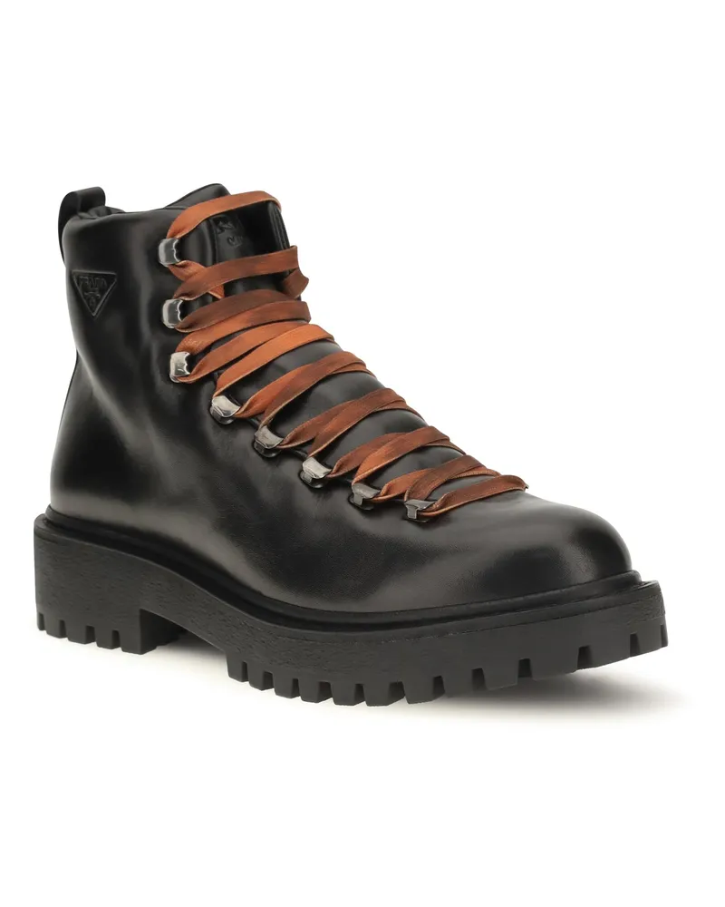Prada Leather Lace-Up Boots — Black Black