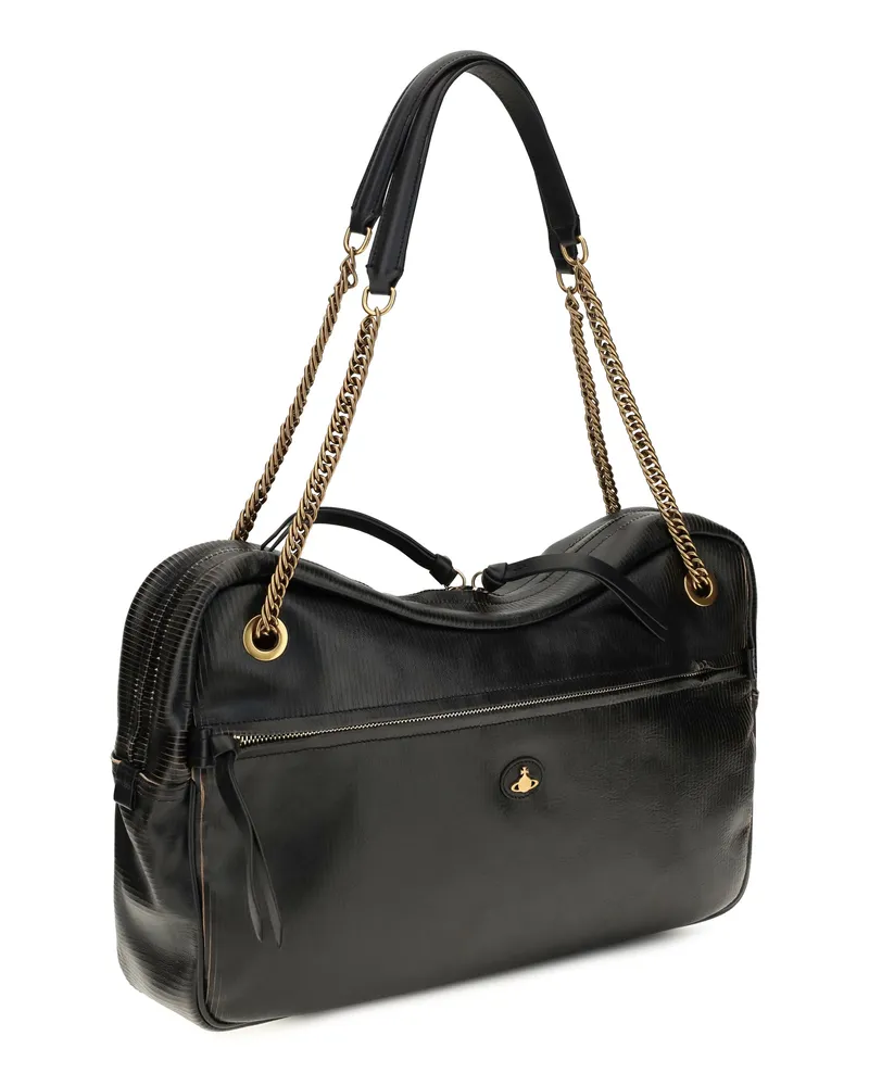 Vivienne Westwood Women's Large Dolce Textured Leather Shoulder Bag Black-Beige Calf Bos Taurus Black/beige Black