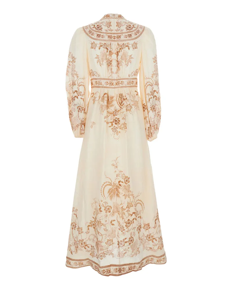 Zimmermann Women's Midi Dress Indra Plunge Multicolour Linen Beige