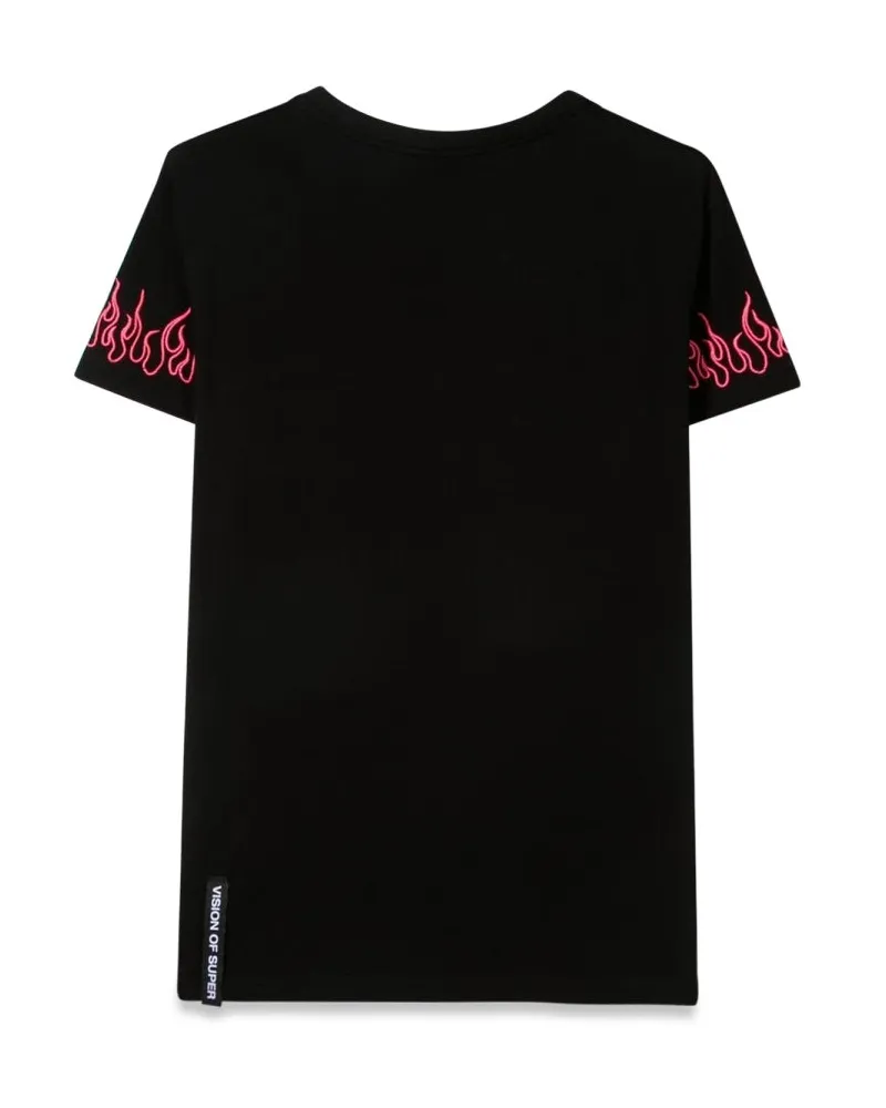 Vision Of Super Embroidered Fuchsia Flame T-Shirt — Black Black