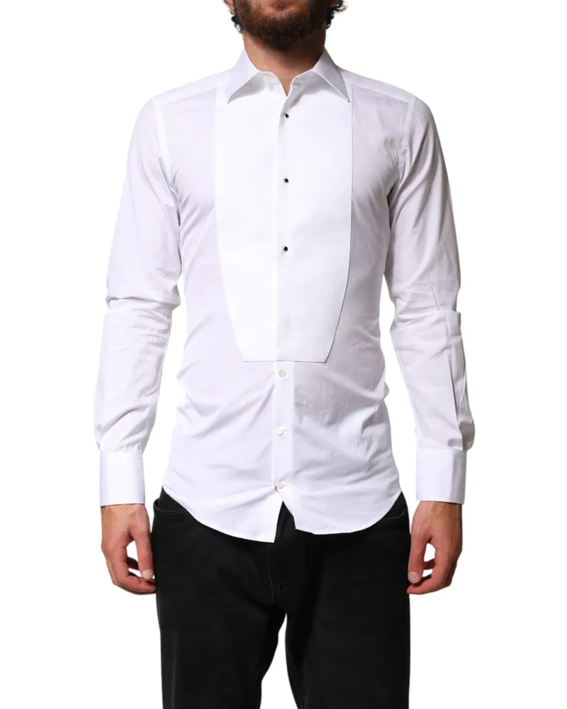 Dolce & Gabbana Men's White Cotton Gold Collared Dress Bib Formal Shirt White