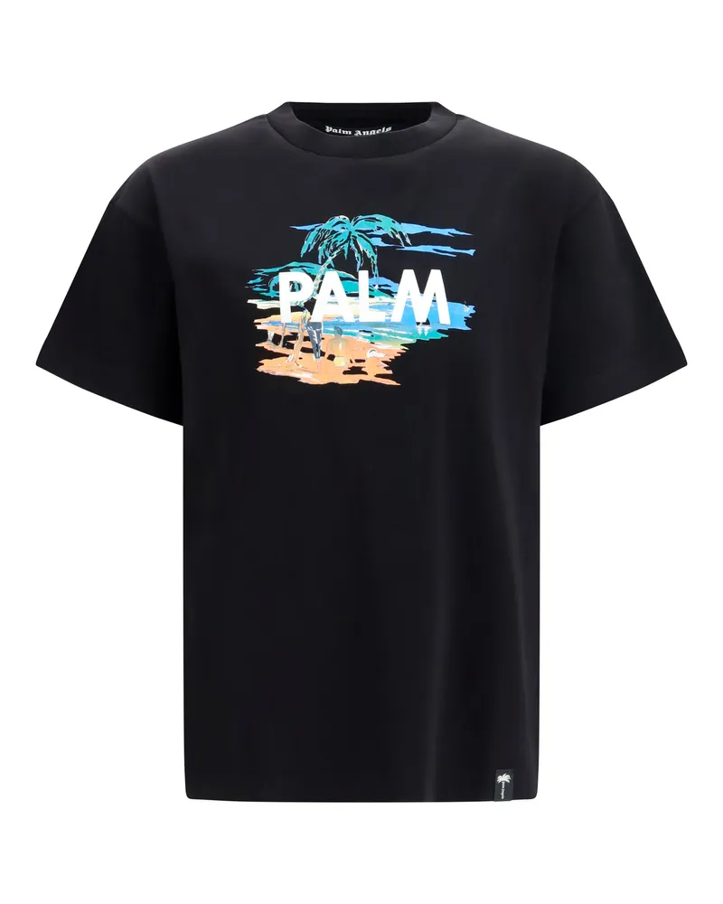 Palm Angels Men's T-Shirt Palm Island Black-Multicolour Cotton T-Shirts Black/multicolour And Polos Black