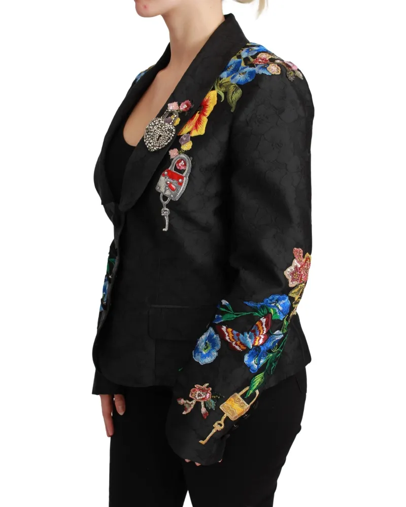 Dolce & Gabbana Women's Black Brocade Crystal Blazer Jacket Polyester Silk Nylon Clothing Black