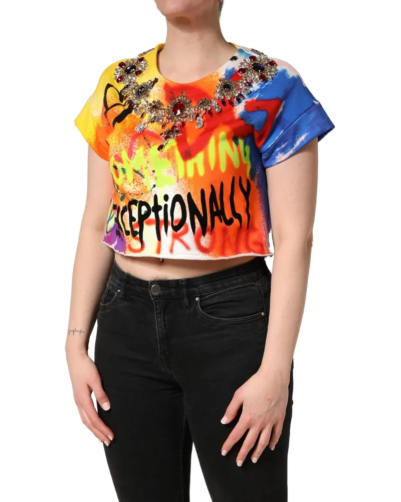 Dolce & Gabbana Women's Multicolor Graffiti Crystals Crop Jersey Top Cotton Multicolor