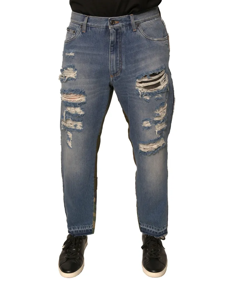 Dolce & Gabbana Men's Blue Tattered Straight Cropped Denim Jeans Cotton Clothing Blue