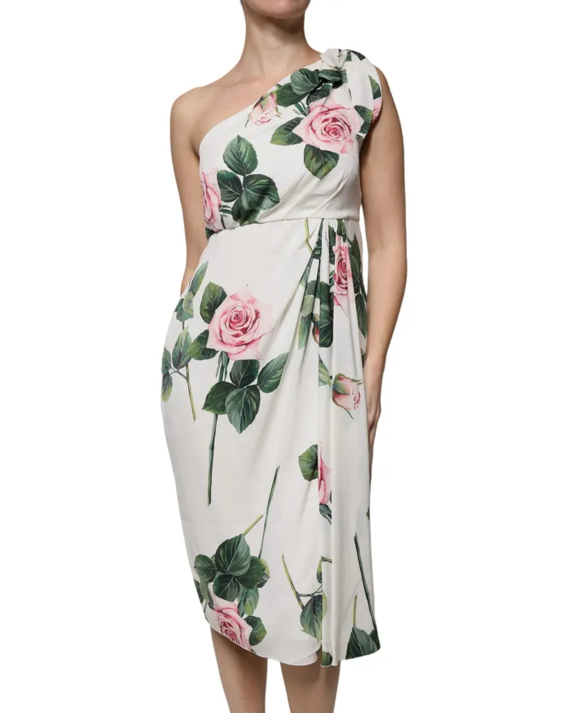 Dolce & Gabbana Women's White Floral Silk One Shoulder Midi Dress Elastane White
