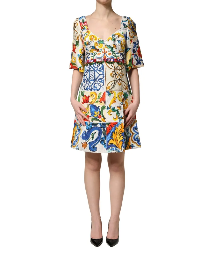 Dolce & Gabbana Women's Multicolor Majolica Print Cotton Mini Dress Elastane Nylon Silk Multicolor