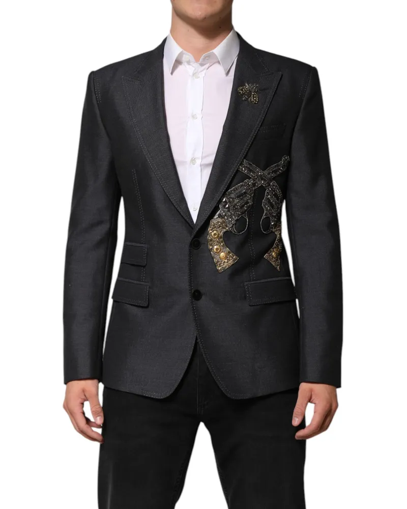 Dolce & Gabbana Men's Dark Gray Bee Embroidery Wool Coat Blazer Clothing Gray