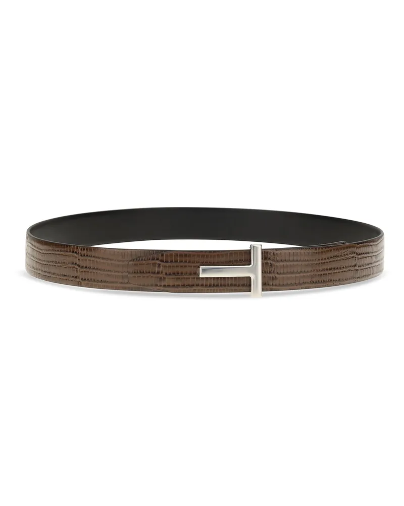 Tom Ford Men's Belt Reversible T Icon Caramel Leather Calf Brown