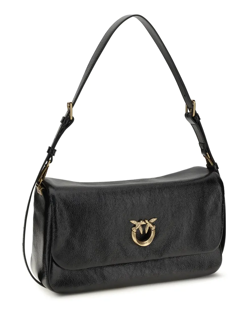 Pinko Women's Love Click Soft Horizontal Shoulder Bag Nero-Antique Gold Calf Leather Bos Taurus Black
