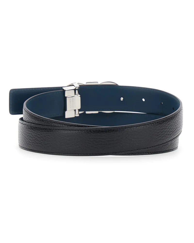 Ferragamo Men's Reversible Belt Gancini Buckle Hammered Leather Black Calf Black