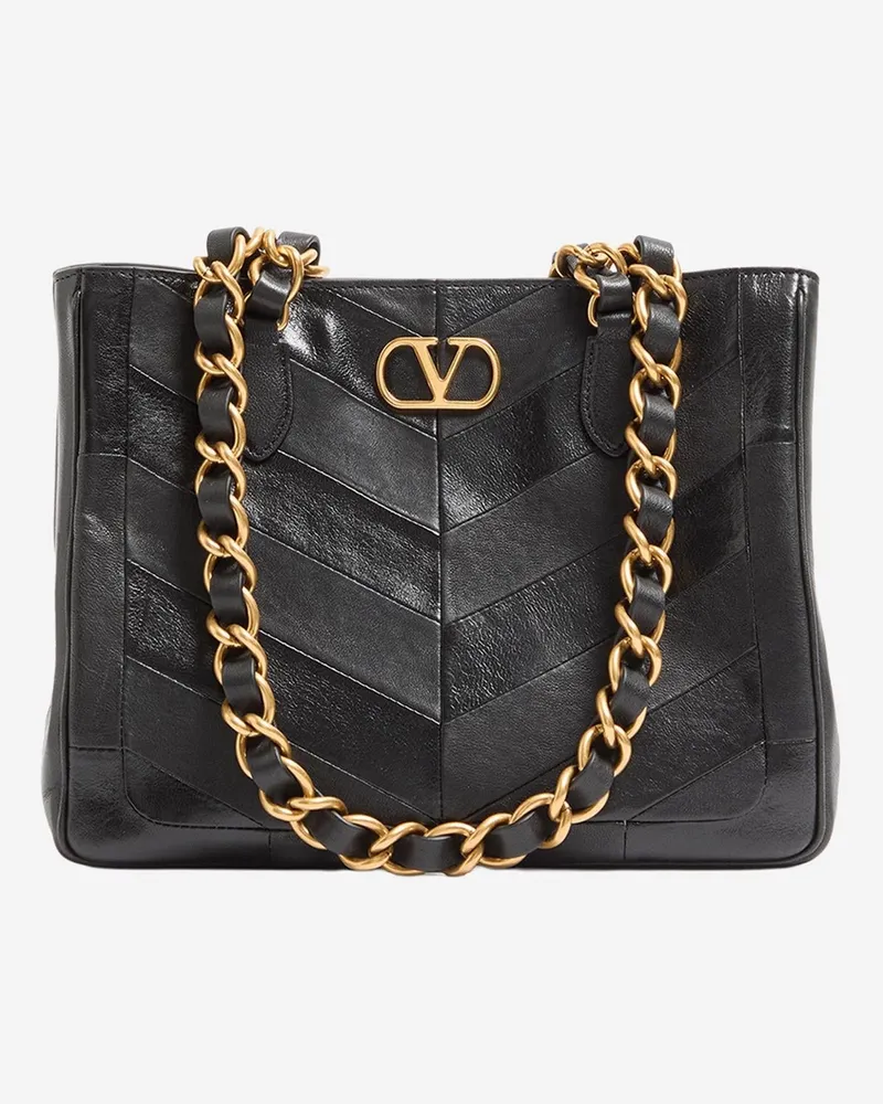 Valentino Garavani Chevron Patchwork Leather Shoulder Bag — Black Black