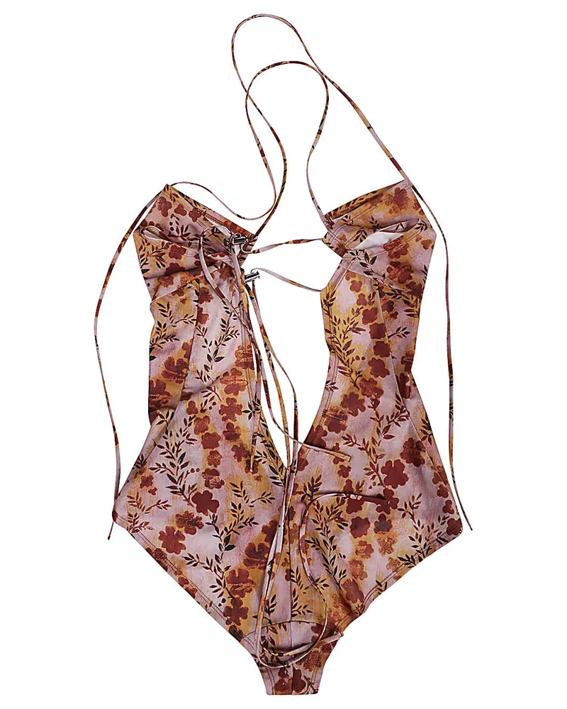 Charlotte Knowles Floral Print Side-Lacing One-Piece Swimsuit — Mauve Mauve