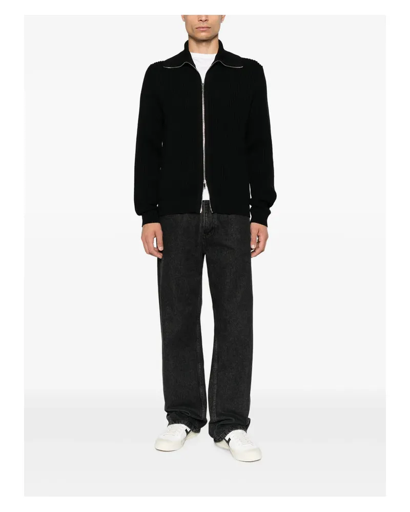 Zanone Ribbed Knit Virgin Wool Cardigan — Black 