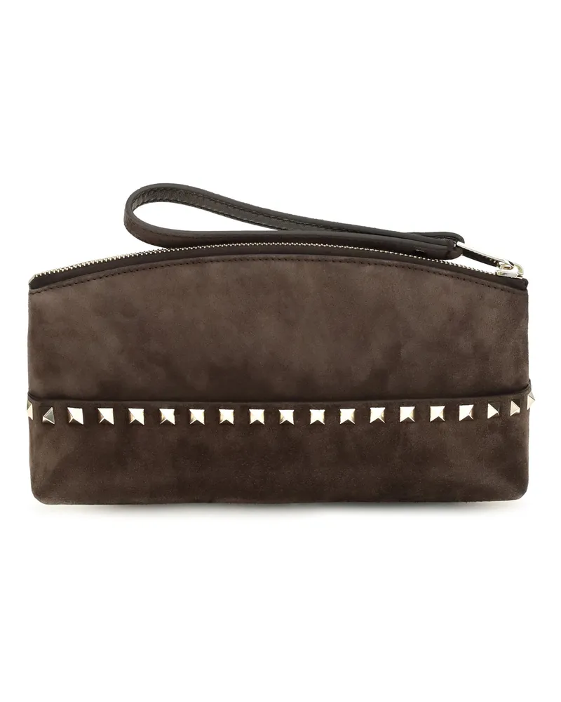 Valentino Garavani Women's Rockstud Suede Pouch Ebony Brown Handbags Hand Bags Brown