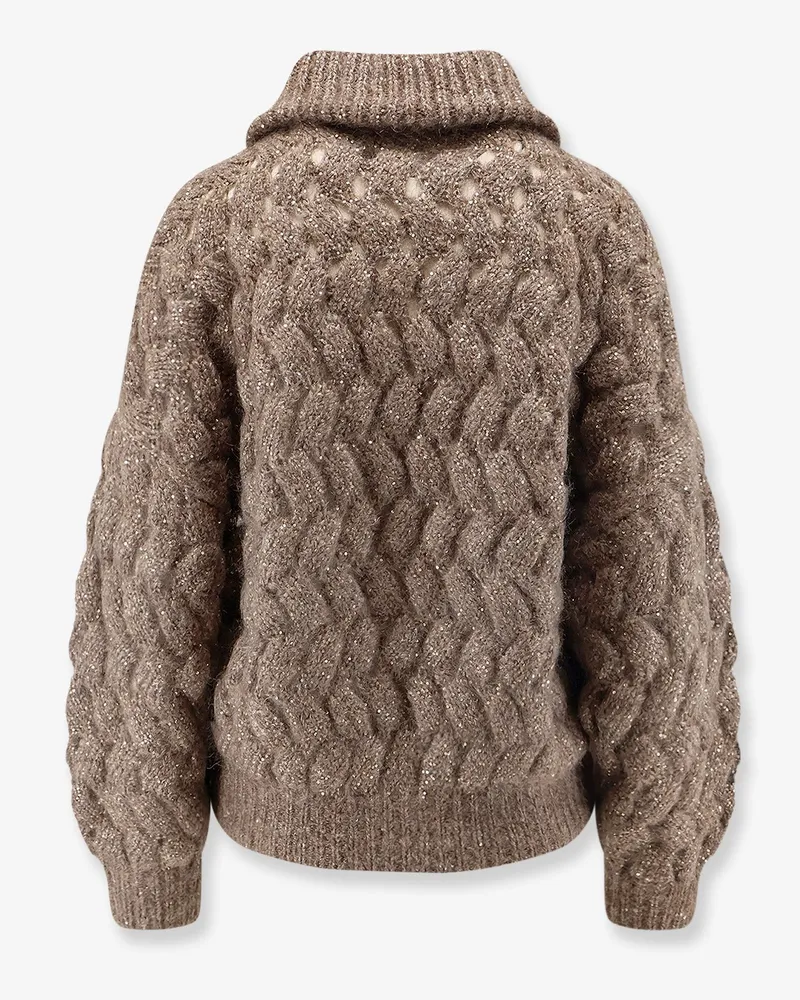 Brunello Cucinelli Women's Cardigan Perforated With Micro-Sequin — Brown Mohair Sweater Brown