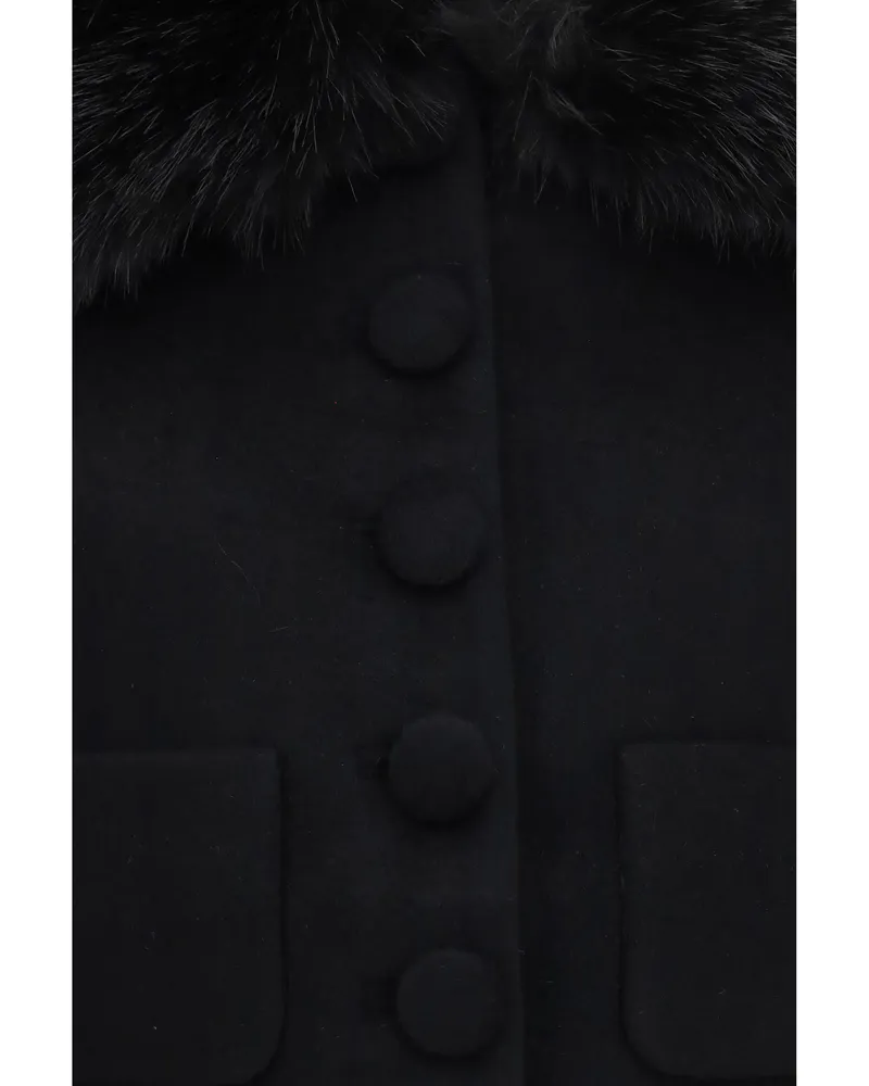 Self-Portrait Merino Wool with Faux Fur Cuffs Jacket — Black Black