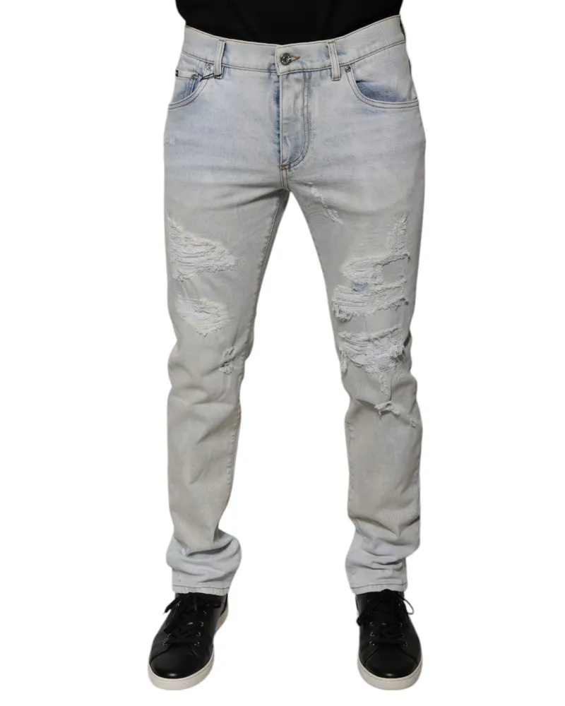 Dolce & Gabbana Men's Light Blue Cotton Blend Tattered Skinny Denim Jeans Polyester Elastane Clothing Blue