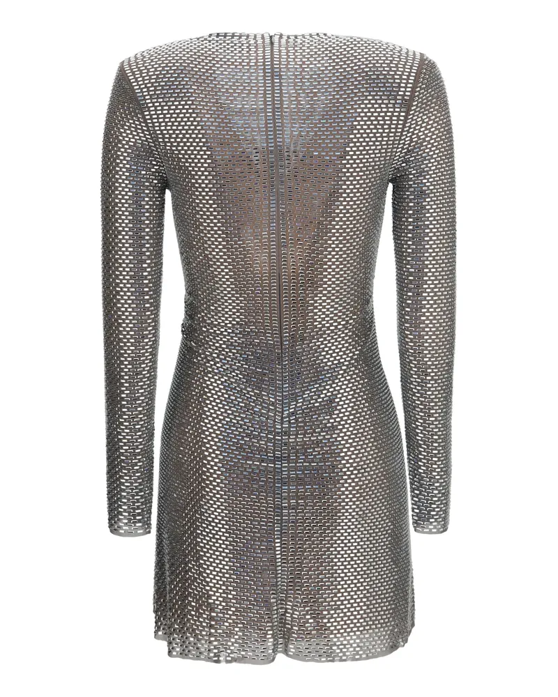 Self-Portrait Jewel-Embellished Mesh Wrap Dress — Gray Gray