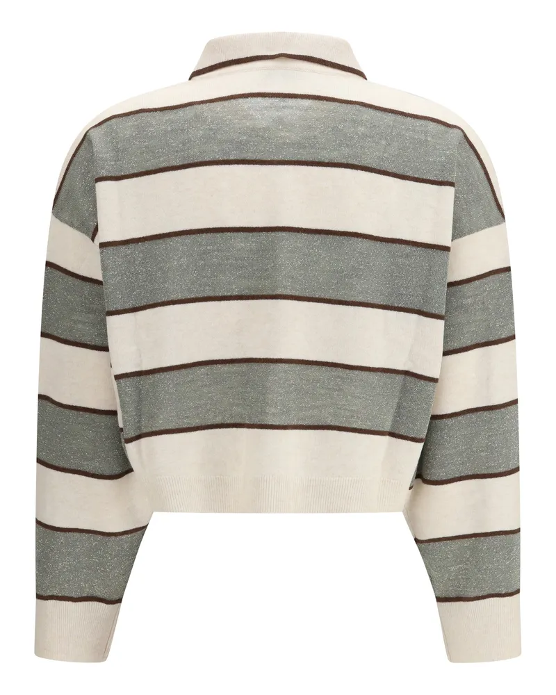 Brunello Cucinelli Women's Polo Crop Sparkling Stripes Knit White Beige+visone+militare Knitwear Sweater Beige