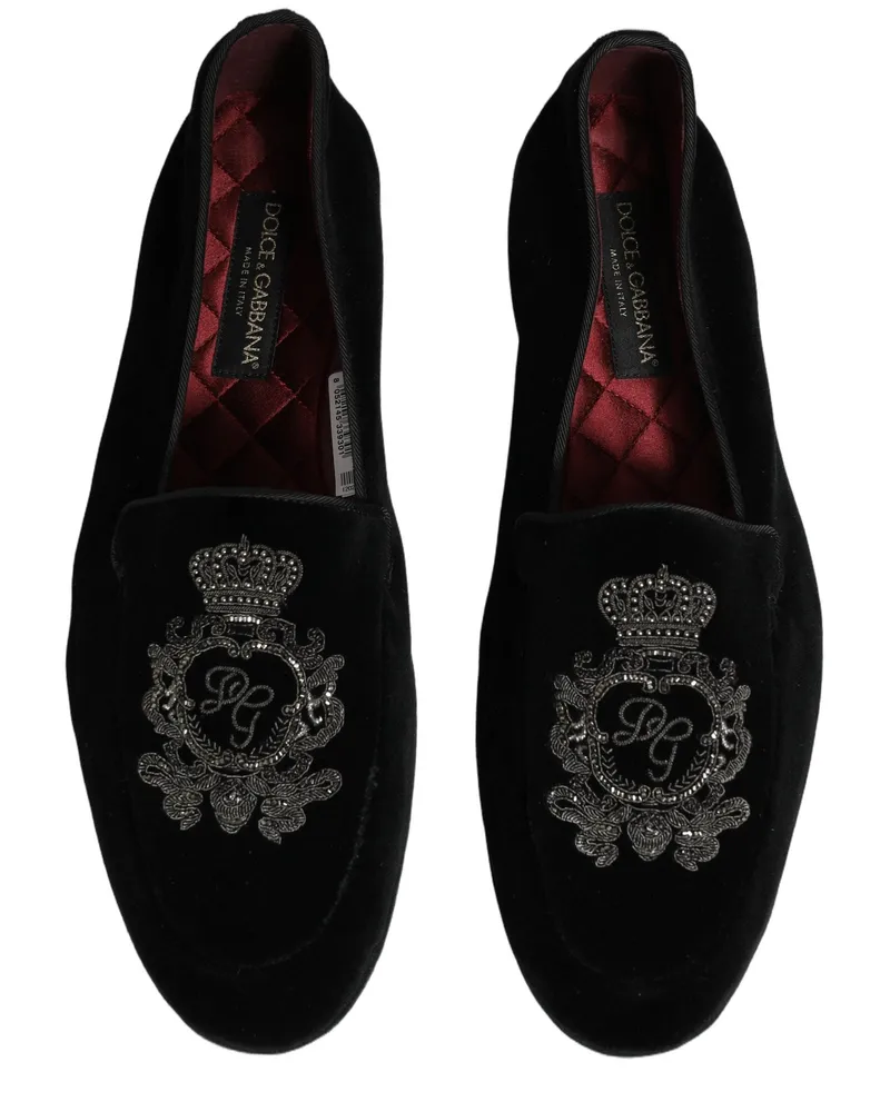 Dolce & Gabbana Men's Black Velvet Crown Embroidery Loafers Shoes Leather Black