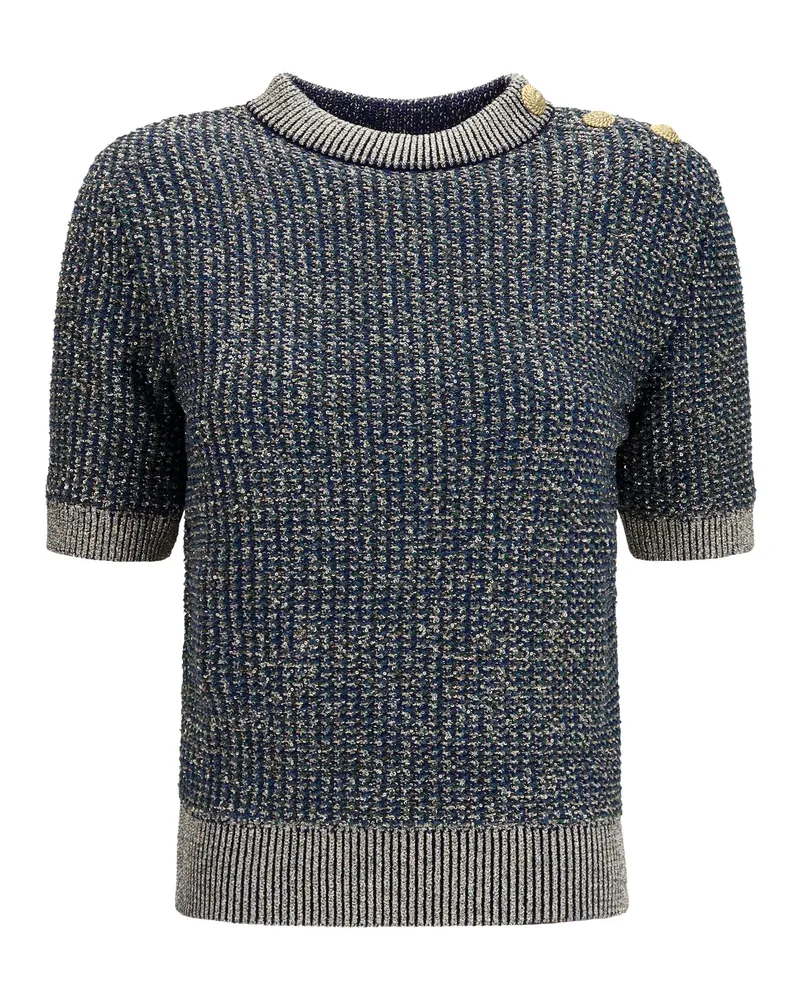 Balmain Women's Short-Sleeve Sequin Sweater Navy-Green Polyamide Tops Navy/green Top Navy