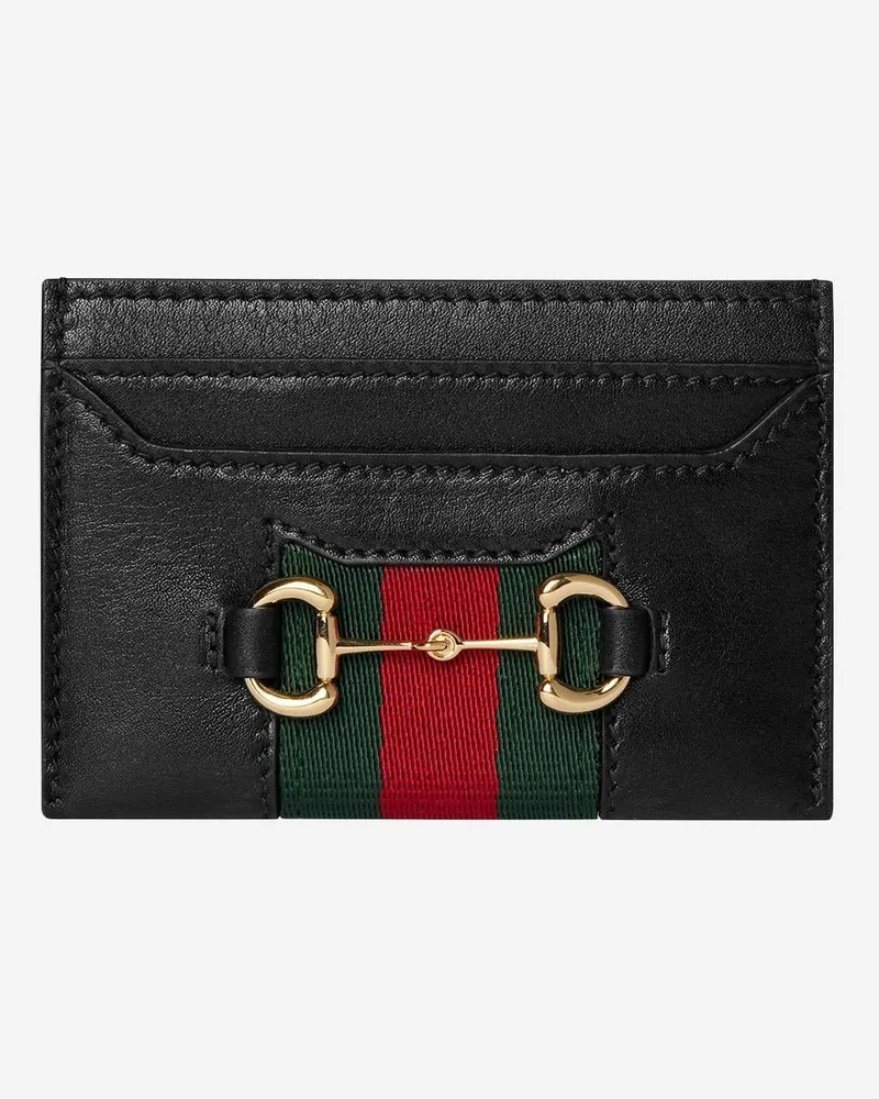 Gucci Women's Horsebit Web Card Holder Black Leather Wallets & Purses Black