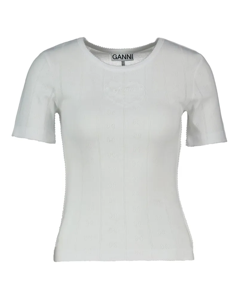 Ganni Women's Compact Pointelle T-Shirt -  Cotton White Ready-To-Wear T-Shirts White